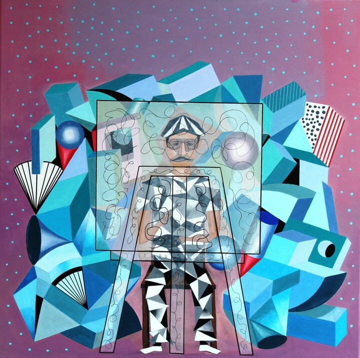 Painting titled "The cubist Painter" by Bonsanthy, Original Artwork, Acrylic Mounted on Wood Stretcher frame