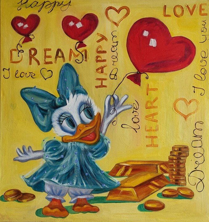 Original Happy Ducky with balloon Hearts and Gold 绘画, 35.4x33.5 in