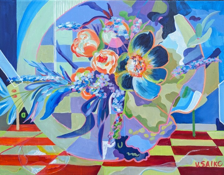Peinture intitulée "Floral Fusion" par Vera Saiko, Œuvre d'art originale, Acrylique Monté sur Châssis en bois