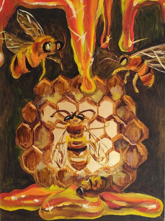 Original Custom Gold Honey Bees miniature modern gif 绘画, 15.8x11.8 in