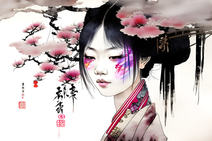 绘画 标题为“Гейша” 由Dmitriy T, 原创艺术品, 墨 安装在铝上