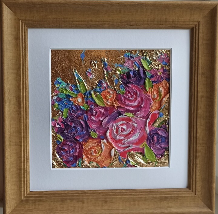 Roses Flowers Oil Painting, Floral Impasto Painting, 绘画, 5.9x5.9 in