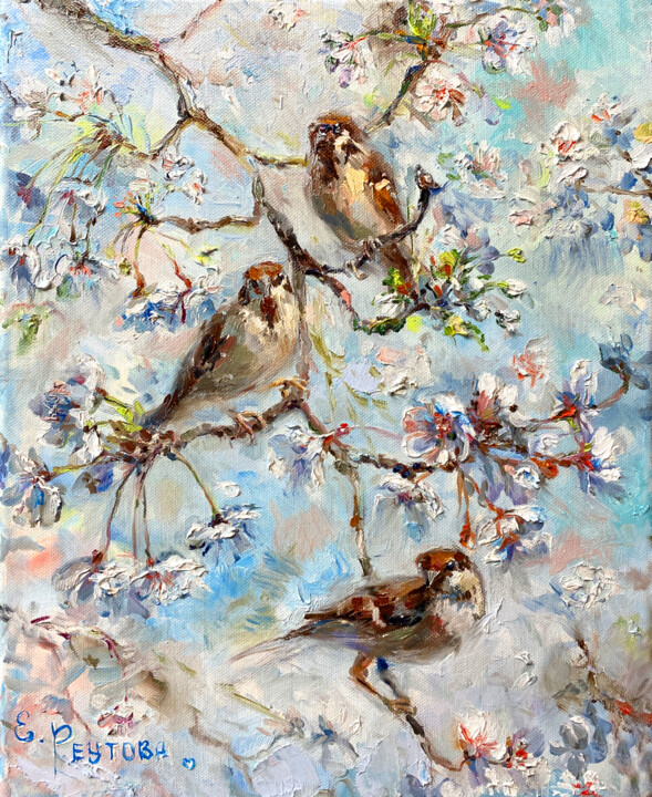 Sparrows on a flowering branch. A picture of tenderness. 绘画, 16.1x13 in