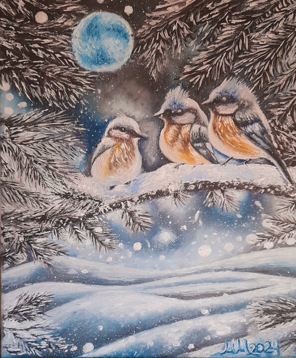 Sparrows on a snowy 绘画, 11.8x9.8 in