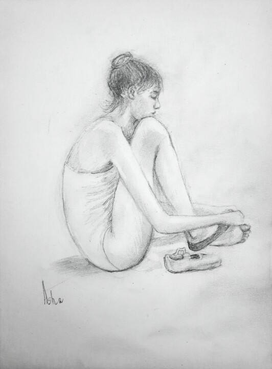 Drawing titled "Ballerina relaxing,…" by Asha Sudhaker Shenoy, Original Artwork, Pencil