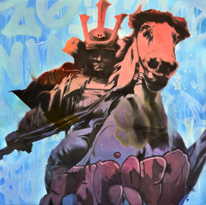 Painting titled "Samurai" by Waynester, Original Artwork, Oil Mounted on Wood Stretcher frame