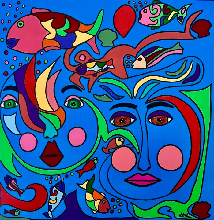 Peinture intitulée "Amours bleus" par Philippe Seigle, Œuvre d'art originale, Acrylique Monté sur Châssis en bois