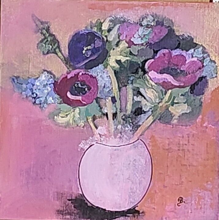 Peinture intitulée "Anémones sur fond r…" par Valérie Blum (Valery), Œuvre d'art originale, Acrylique