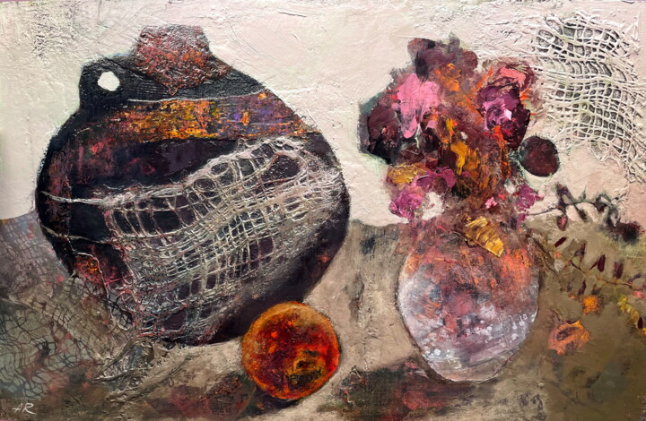 Painting titled "Peach And Vases Sti…" by Lena Ru, Original Artwork, Acrylic