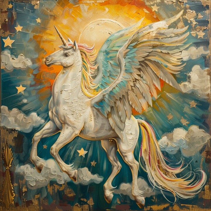 Картина маслом текстурной пастой "Солнечный Пегас" 绘画, 31.5x31.5 in
