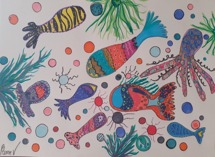 Animaux de la mer en couleur 图画, 11.4x16.5 in