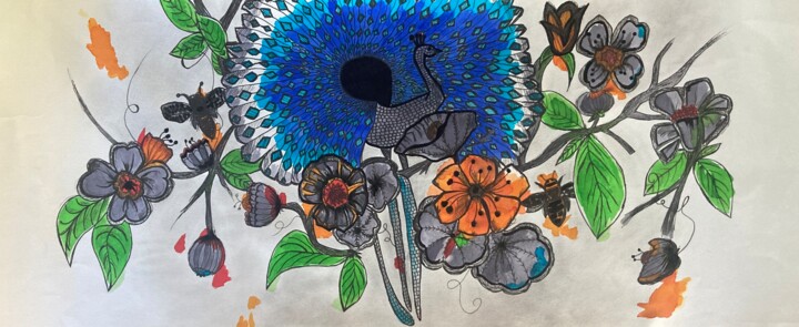 Peinture intitulée "Paon bleu" par Cha.Albrt, Œuvre d'art originale, Pointe d'argent