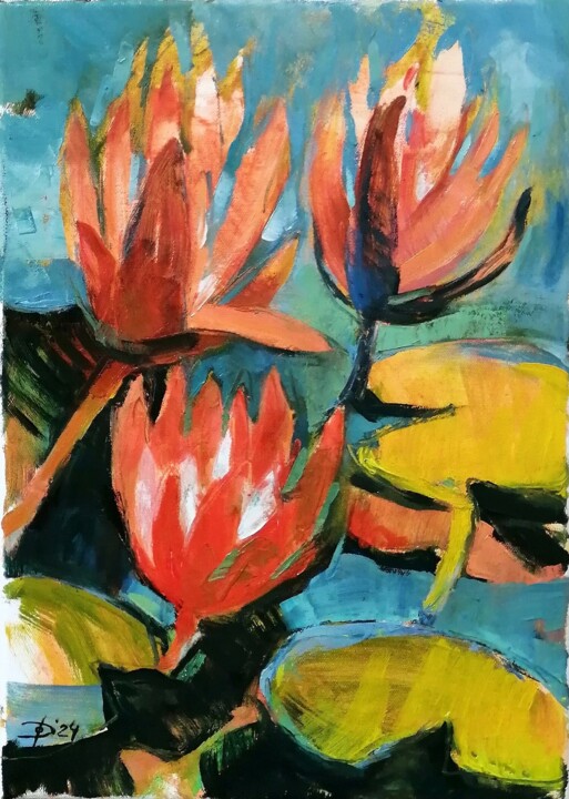 Malerei mit dem Titel "Pink water lily" von Olga David, Original-Kunstwerk, Öl Auf Keilrahmen aus Holz montiert