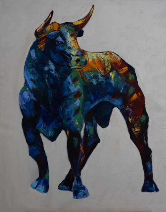 Bull wildlife animal colourful pop art painting 绘画, 35.4x29.5 in