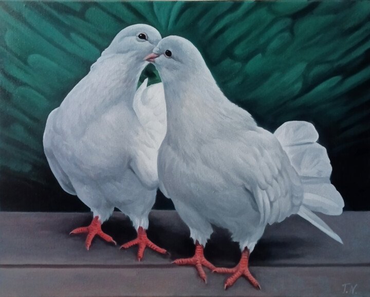White Pigeons in Love 绘画, 15.8x19.7 in