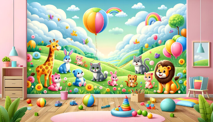 Colorful Animal Friends and Whimsical Balloons 数字艺术