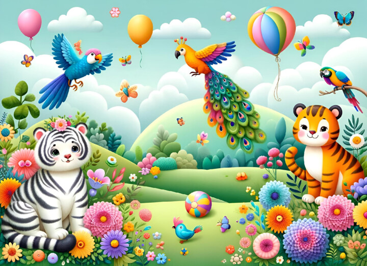 Whimsical Animal Friends and Vibrant Flora 数字艺术