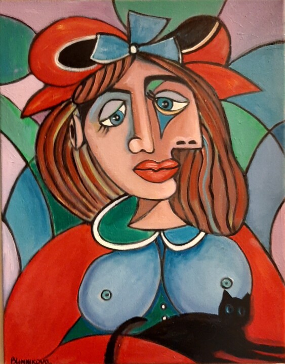 Mulher bonita com chapéu 绘画, 17.7x13.8 in