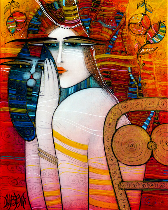 Peinture intitulée "Le chat bleu" par Albena Vatcheva, Œuvre d'art originale, Huile Monté sur Châssis en bois