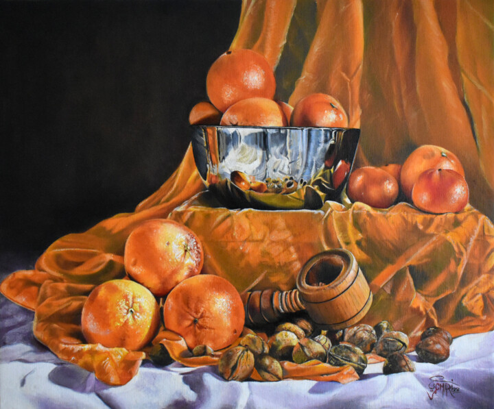 Bol argenté, oranges et noix 绘画, 18.1x21.7 in