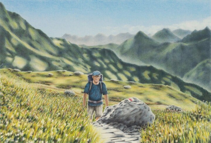 Malerei mit dem Titel "Wandern in den Berg…" von Ronald Firla, Original-Kunstwerk, Conté-Buntstifte