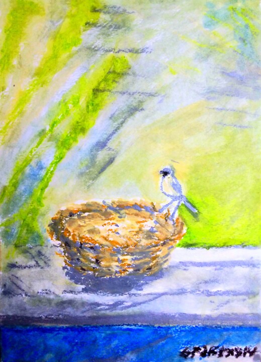 Un oiseau sur un panier a pain 绘画, 11.8x7.9 in