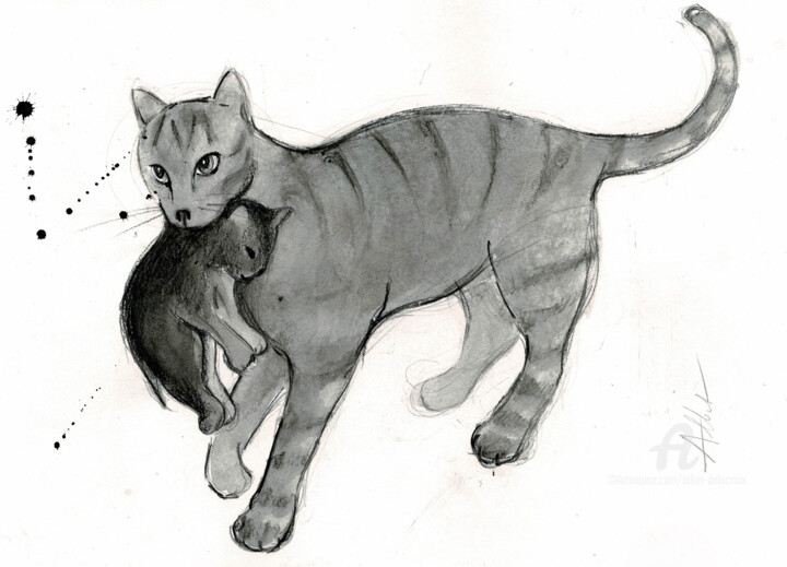 Chatte et chaton 图画, 11.8x15.8 in