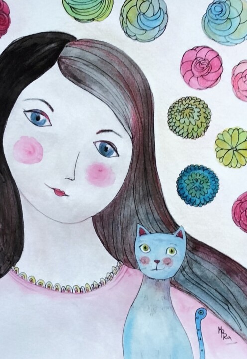 Painting titled "Muchacha con gato" by Mora Castela, Original Artwork, Watercolor