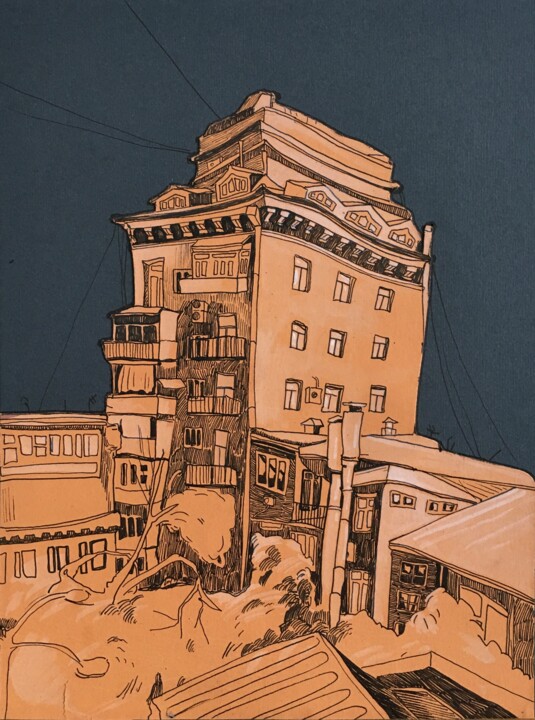 图画 标题为“''Citiscape''” 由Raffi Ghazaryan, 原创艺术品, 中性笔 安装在纸板上