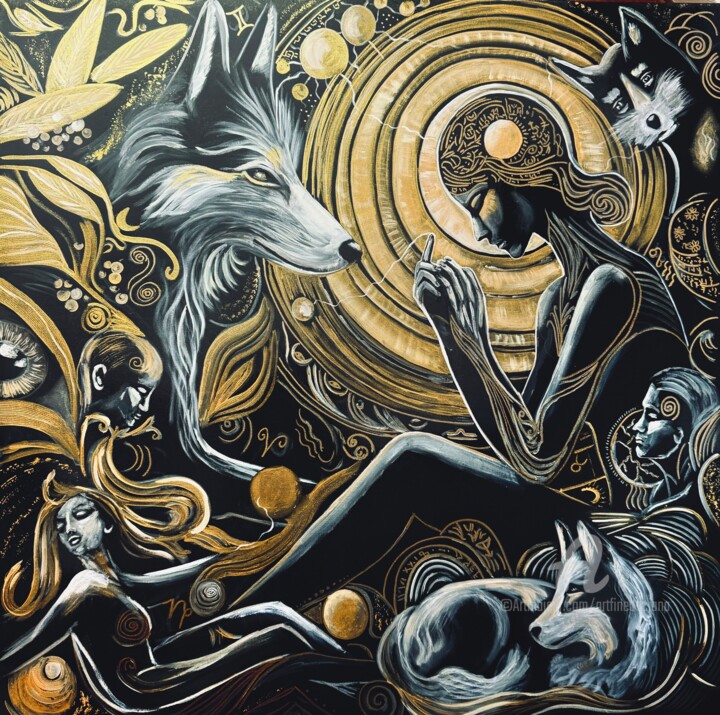 Painting titled "Celestial guardians" by Daciana, Original Artwork, Acrylic Mounted on Wood Stretcher frame