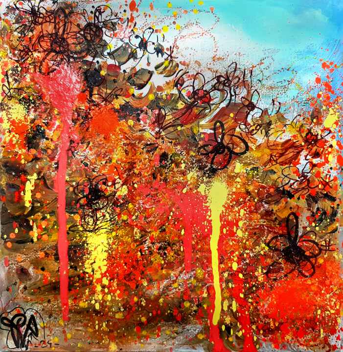 Peinture Abstraite Ground Nature Orange Jaune Unique 미술작품, 7.9x7.9 in