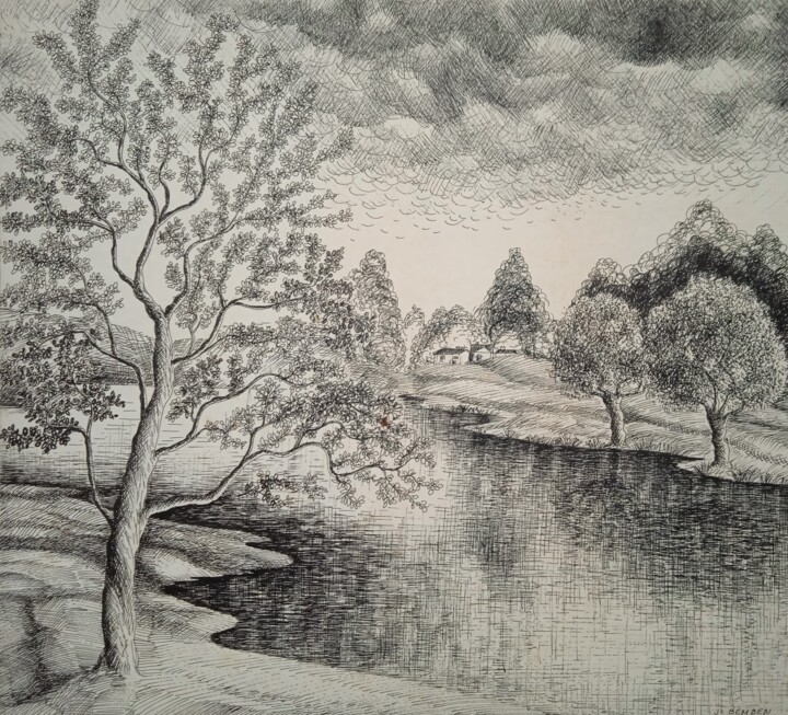 L'étang du village Drawing, 15.2x16.9 in