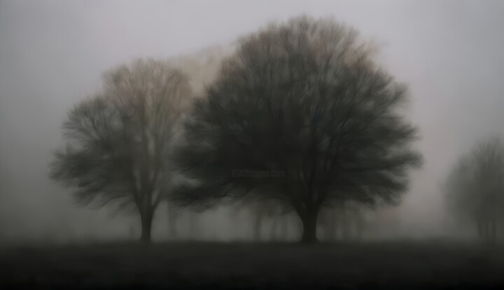 Monochrome landscape with trees in the fog Arte digitale