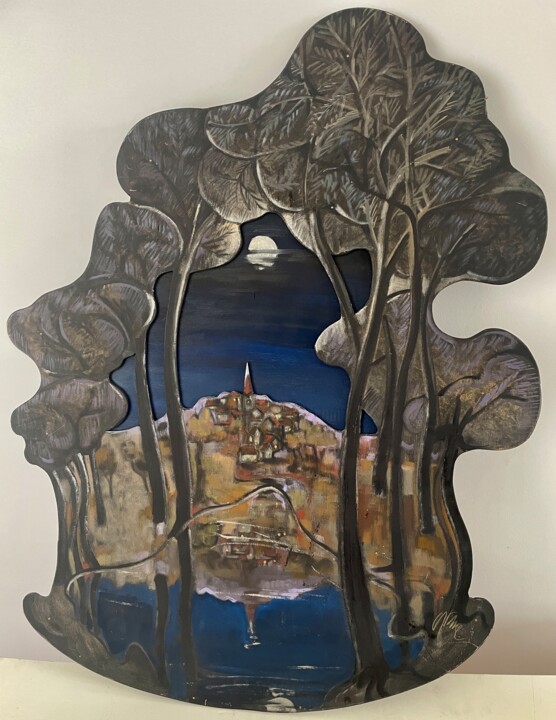 Village la nuit sous la lune 图画, 36.2x27.6 in