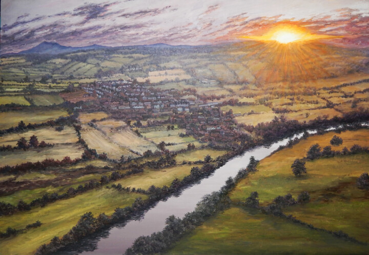 Sunset on river Eden. Scotland Painting, 19.7x27.6 in