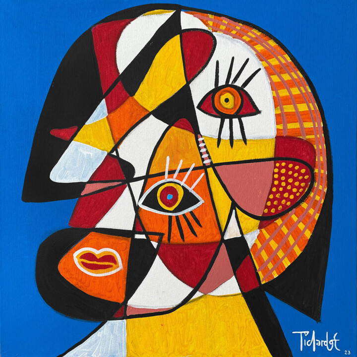 Malerei mit dem Titel "Retrato Fondo Azul" von Enrique Pichardo, Original-Kunstwerk, Acryl