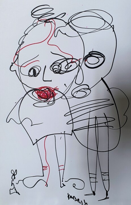 Ein paar. Kinder. Erwachsene. Disegno, 16,5x11,4 in
