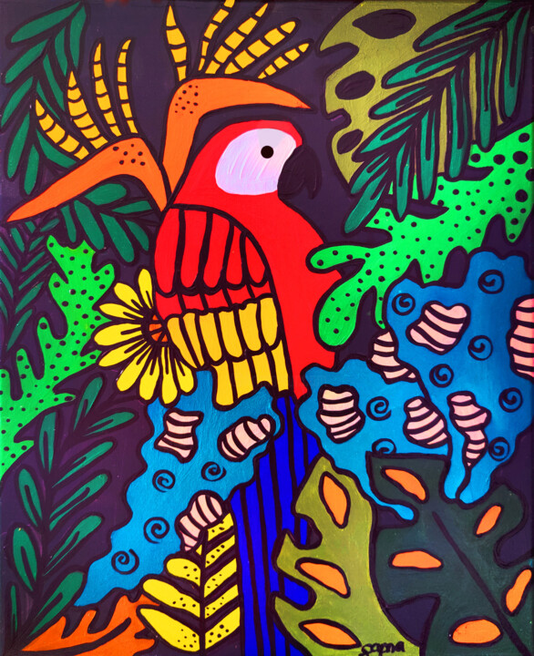 Éclat Tropical : Le Perroquet Enchanté 绘画, 31.5x23.6 in