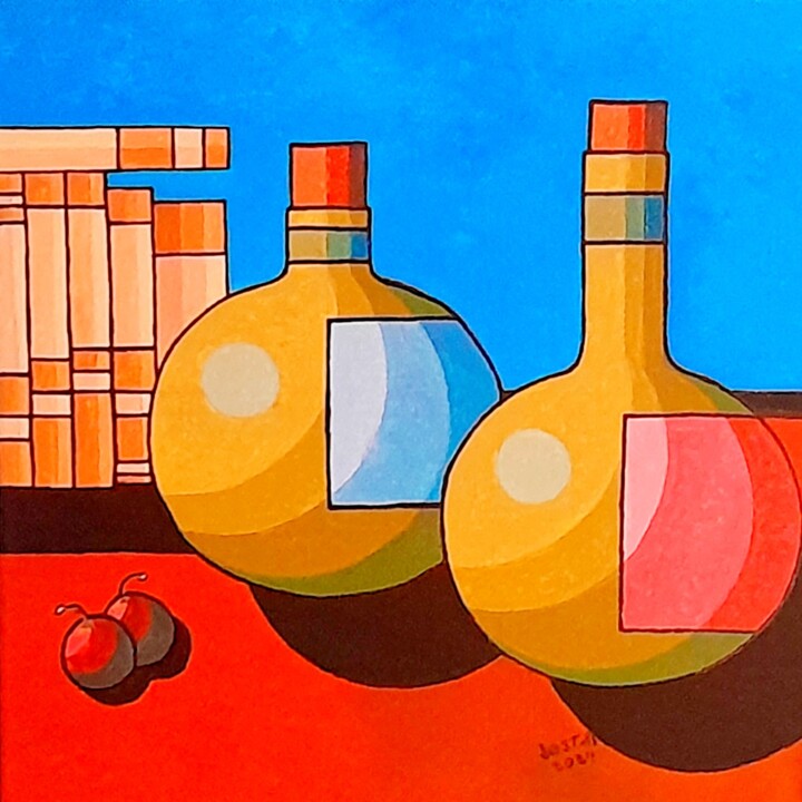 Nature morte . Deux cerises , deux bouteilles et des livres 绘画, 15.8x15.8 in