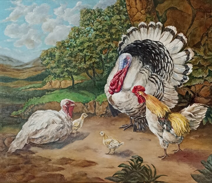 Birds in the park-1. 绘画, 33.5x39.4 in