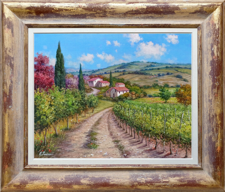 Malarstwo zatytułowany „The vineyard road -…” autorstwa Raimondo Pacini, Oryginalna praca, Olej Zamontowany na Drewniana ram…