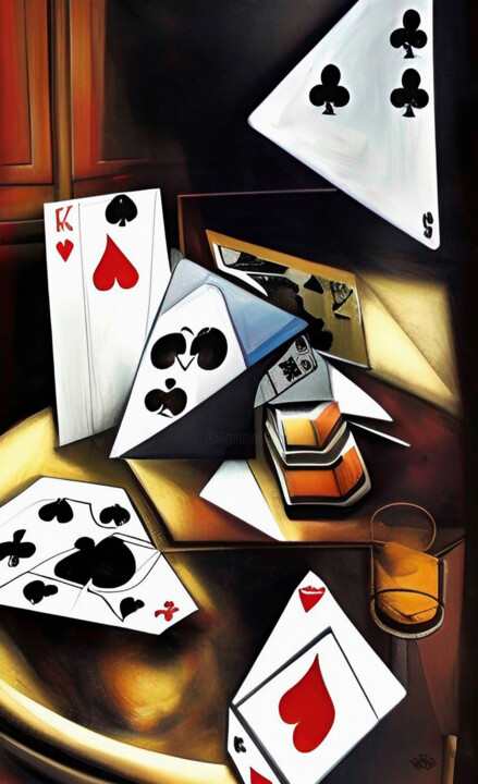 Still Life: Cards and Whiskey 绘画, 52x31.5 in
