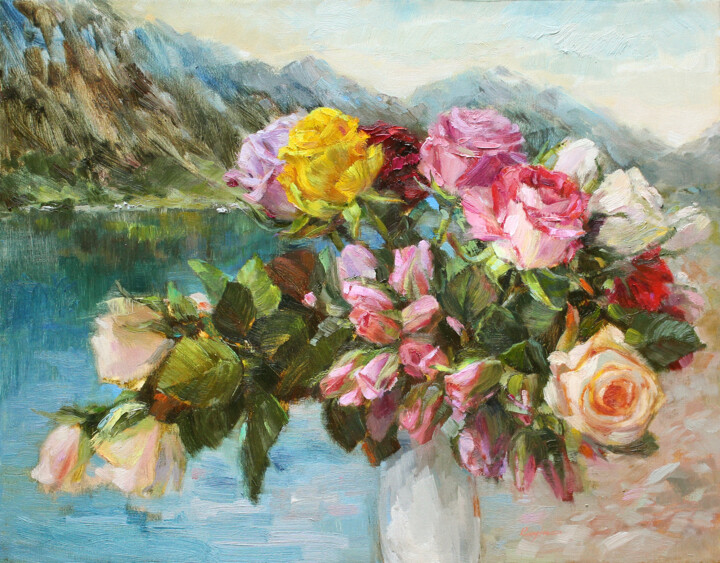 A bouquet of roses. Impressionist still-life art Painting, 15x18.9 in