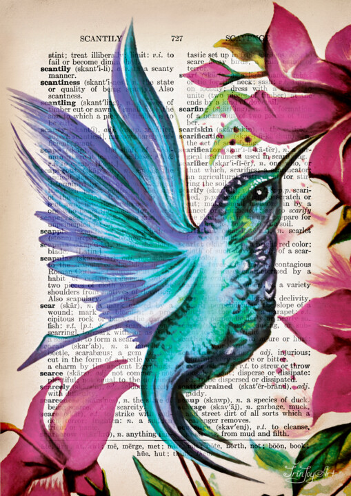 Hummingbird Flowers Garden wall art print Landscape painting 绘画, 12x8.3 in