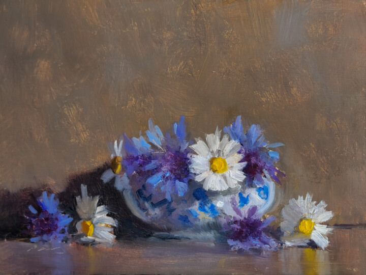 Painting titled "Bleuets et Margueri…" by Pascal Giroud, Original Artwork, Oil