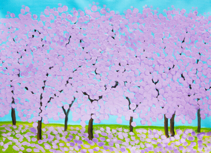 Purple spring trees Painting, 7.9x11 in