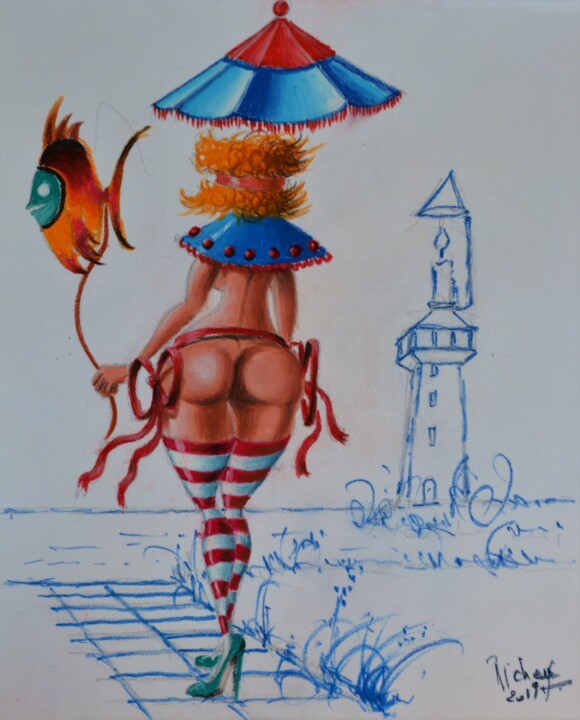 MISS NANA SE PROMENE SUR LE QUAI. Malarstwo, 12,6x9,8 in