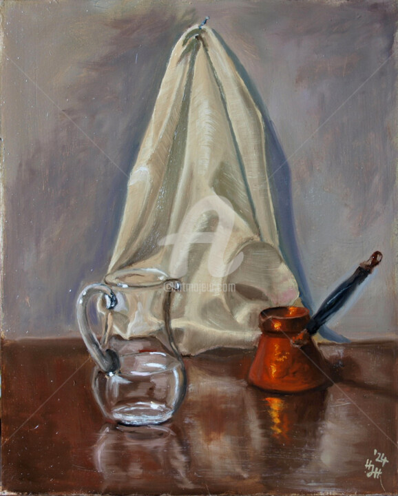 Stillleben mit Kanne, Glas und Tuch 绘画, 19.7x15.8 in