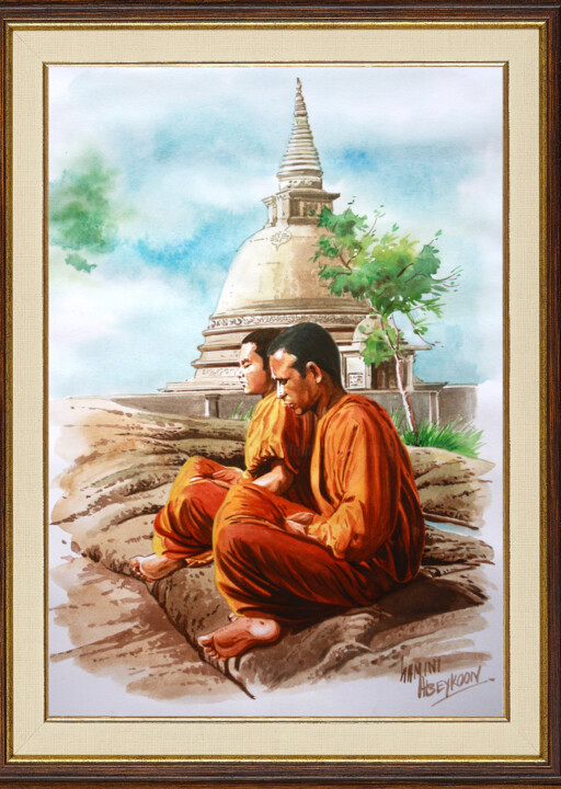 Peinture intitulée "Meditation" par Gamini Abeykoon, Œuvre d'art originale, Aquarelle