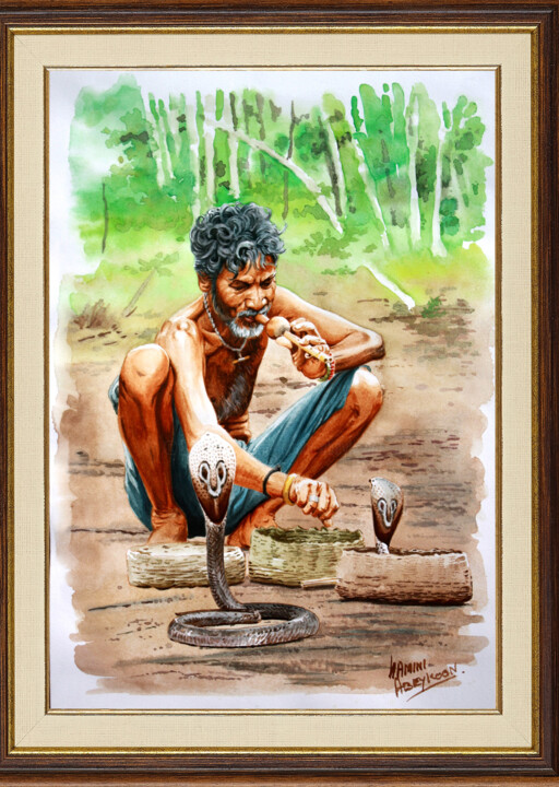 Peinture intitulée "Snake Charmer" par Gamini Abeykoon, Œuvre d'art originale, Aquarelle